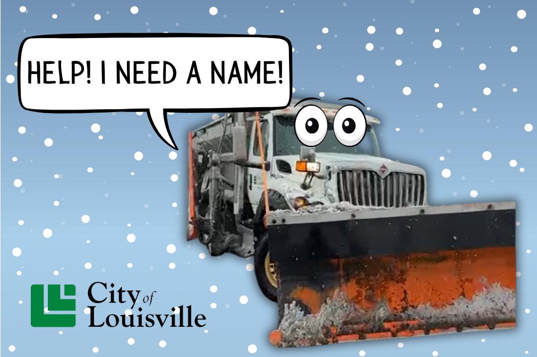 Snowplow with eyes against a snowy backdrop and a speech bubble that reads "Help! I need a name!"