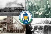 Collage of historic photos with the CO 150-US 250 logo in the center