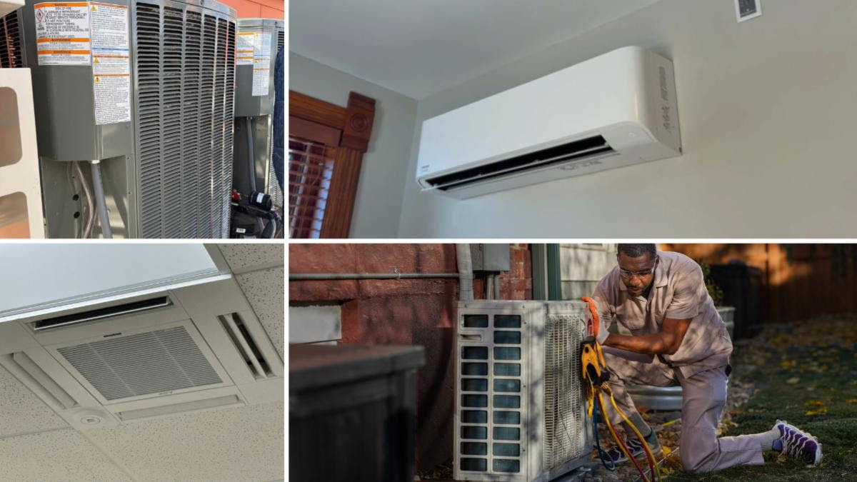 A variety of different types of heat pumps are shown
