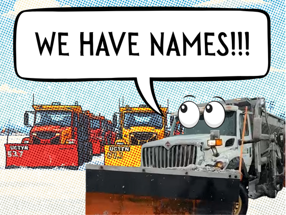 Illustration of snow plows with a speech bubble saying 