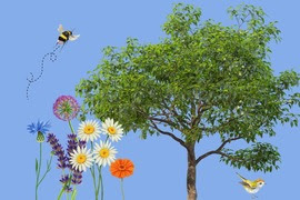 Graphic of flowers, tree, bird, and bee