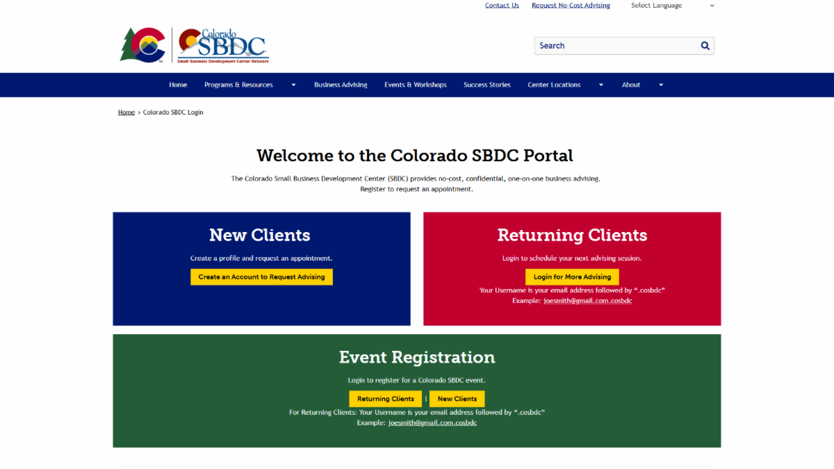 Screenshot of the new SBDC welcome portal