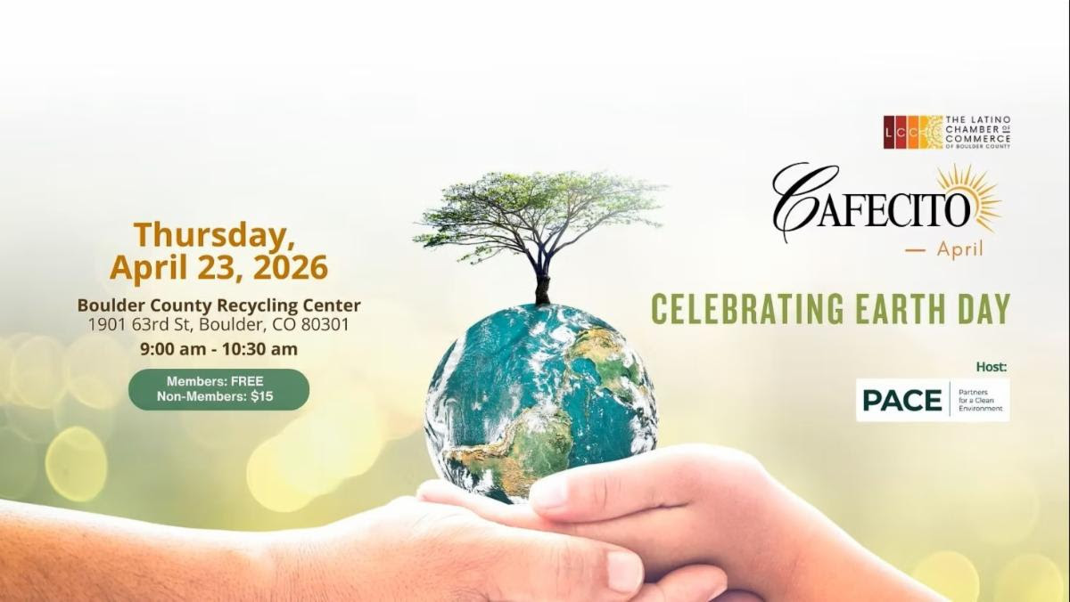 Hands hold an image of the earth with a small tree growing out of the top. Text includes information about the Cafecito.