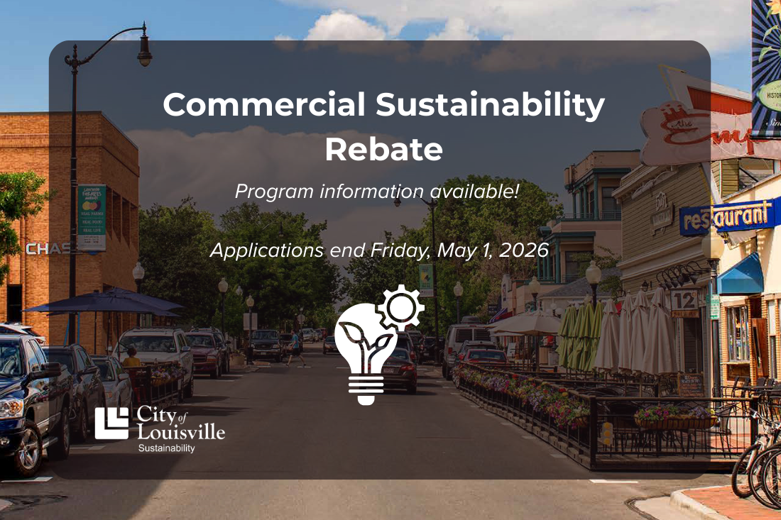 Businesses in downtown Louisville are behind text that reads Commercial Sustainability Rebate.