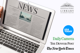 Laptop computer opened to a news website with logos of various local and national news outlets to the right