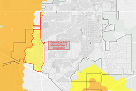 Wildland Urban Interface map of Louisville with fire risk areas marked