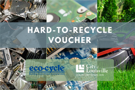 hard-to-recycle text with city and eco-cycle logos over photos of electronics, large equipment