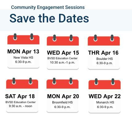 Graphic for BVSD community engagement sessions showing dates times and locations