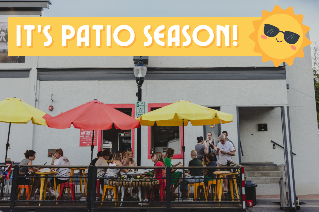 Sidewalk patio with diners in Louisville above which is superimposed the words 