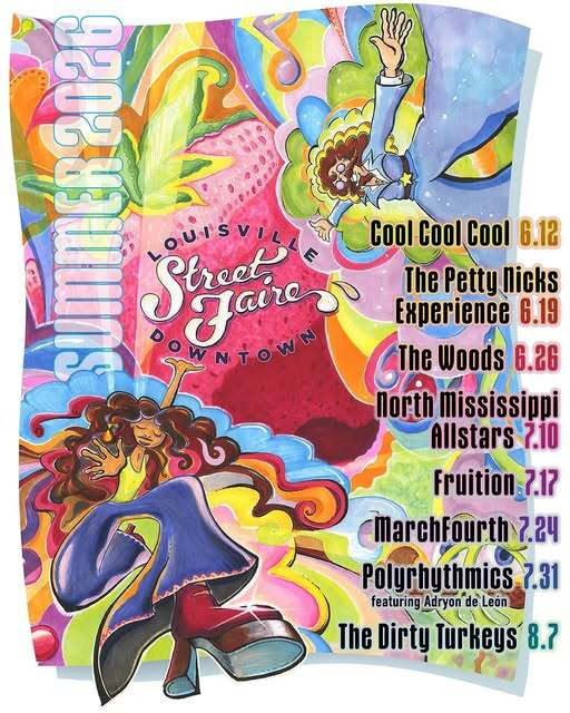 Funky and groovy graphic listing Street Faire headliners