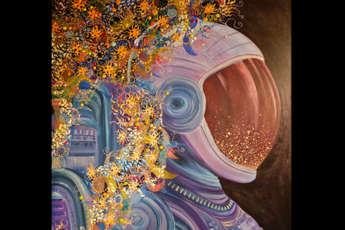 painting of astronaut surrounded by colorful flowers
