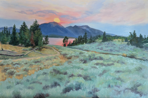 painting of mountain sunset