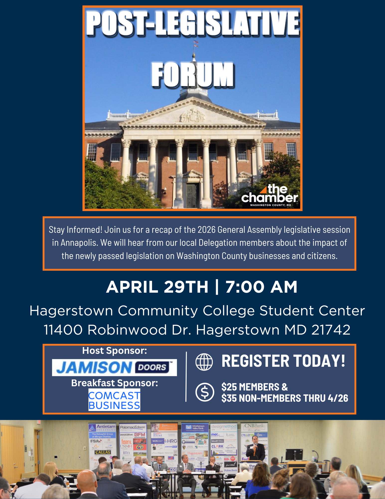 Post Legislative Forum Flyer - April 29th at HCC's Student Center 7-9am. Get a recap of the 2026 legislative session in Annapolis from our local Delegation members.