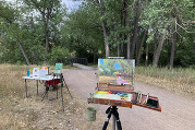 Canvases and paints amidst trees and natural scenery at a plein air painting event