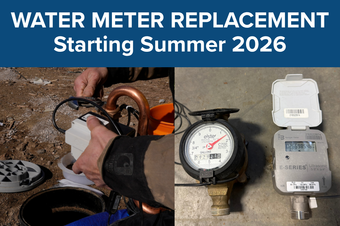 water meter replacement starting 2026 with old meters and person working on outdoor meter