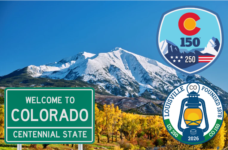 Image of Colorado mountain and Colorado 150/250 and Louisville Logo