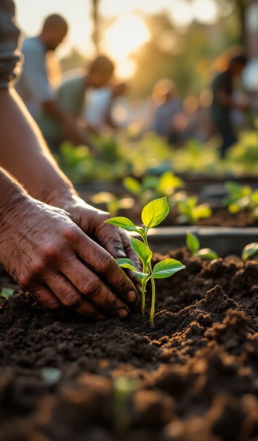 Hands working in a community garden