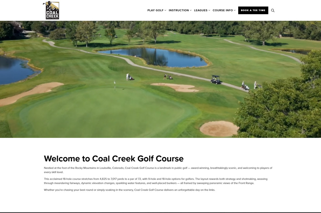 A screenshot of the Coal Creek Golf Course website at CoalCreekGolf.com