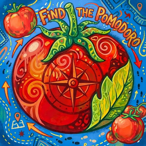 Funky mural image of tomato against blue background