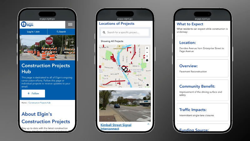 Three screenshots of the Construction Projects Hub