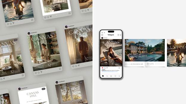 The image shows a series of beautifully styled homes, with a focus on the luxurious lifestyle offered by Branthaven, featuring an Instagram feed layout showcasing wellness and outdoor escapades.
AI-generated content may be incorrect.