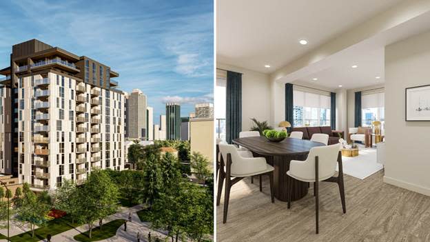 The image shows a comparison of two views: on the left, a modern urban high-rise building with a green skyline, and on the right, a contemporary living room with a dining table and contemporary furniture.
AI-generated content may be incorrect.