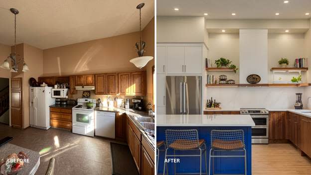 Before: The kitchen has a blue countertop, a kitchen island, and a wooden cabinet.
After: The kitchen has been updated with a new countertop, a new kitchen island, and a new cabinet.
AI-generated content may be incorrect.