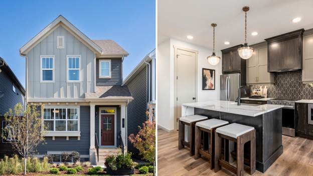 The image shows a modern, well-lit kitchen with black countertops and bar stools, and a spacious, contemporary living room with a garden and a welcoming front door.
AI-generated content may be incorrect.