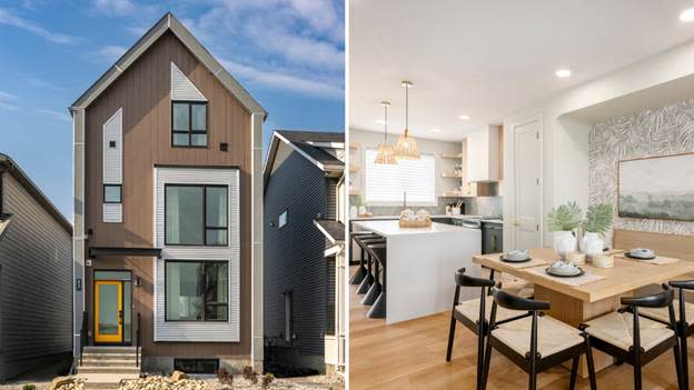 The image depicts a modern kitchen with a wooden dining table and chairs, contrasting with a contemporary, dark-colored house with an open-concept layout and a white kitchen.
AI-generated content may be incorrect.
