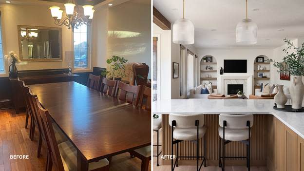 Before: The living room has a wooden dining table, chairs, and a fireplace with decorations, while the kitchen has a long counter and decorative items. After: The living room and kitchen have been rearranged, with the dining table now in the kitchen and the decorations moved to the living room.
AI-generated content may be incorrect.
