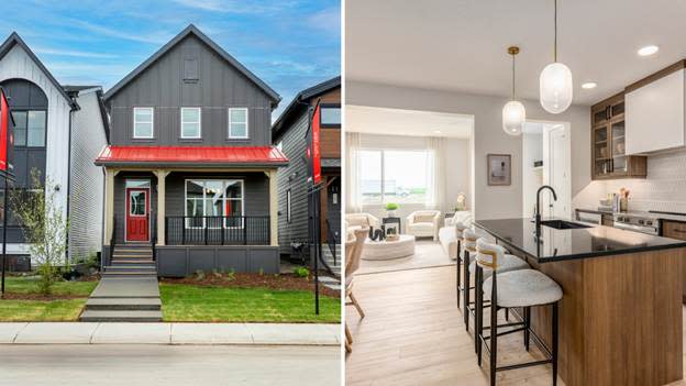 The image is a split view showing a modern, well-maintained house with a black and white exterior, and a contemporary kitchen with black countertops and open shelving.
AI-generated content may be incorrect.