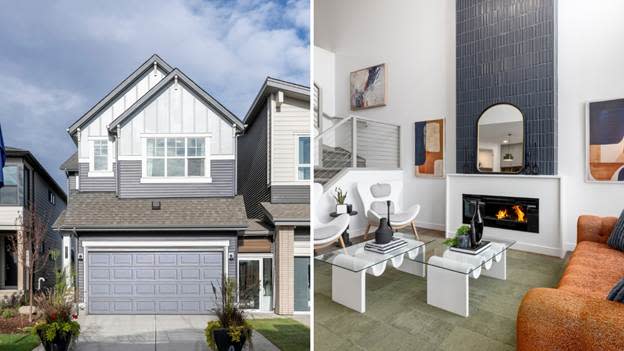 The image depicts a modern, well-maintained house with a white exterior, a spacious living room with a fireplace, a contemporary kitchen, and a cozy seating area, all set against a backdrop of a blue sky and green grass.
AI-generated content may be incorrect.