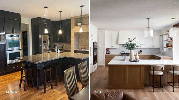 The kitchen layout has been transformed from a simple, open-plan design to a more modern, segmented layout with an island, additional countertops, and updated cabinetry.
AI-generated content may be incorrect.