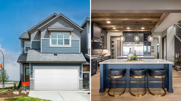 The image depicts a modern, well-designed home with a spacious kitchen featuring a countertop island, sleek bar stools, and contemporary lighting, alongside a cozy, two-story living space with a white garage and a picturesque backyard.
AI-generated content may be incorrect.