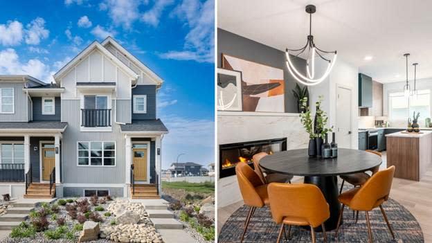 The image showcases a modern, well-lit living room with a black and orange dining set, and a contemporary kitchen with a fireplace, all set against a backdrop of a beautiful, white-painted house with a garden.
AI-generated content may be incorrect.