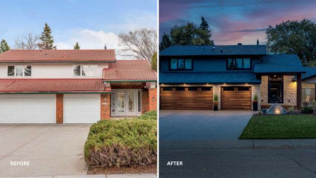 Before: A well-maintained, tidy house with a white front door, a red roof, and a neatly trimmed lawn.
After: The same house has undergone a significant renovation, now featuring a fresh coat of paint, updated landscaping, and a more modern, polished appearance.
AI-generated content may be incorrect.