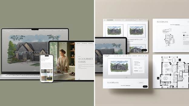 The image displays a cohesive collection of architectural plans and design elements, including a house layout with a living room, kitchen, and covered porch, alongside a series of design centers and nature-themed spaces.
AI-generated content may be incorrect.