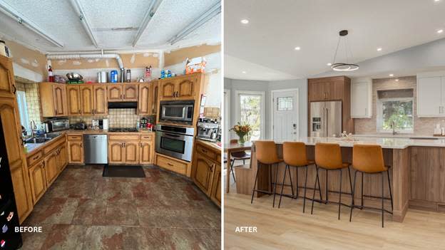 Before: The kitchen has a wooden cabinet, a counter, and a bar stool.
After: The kitchen has a red counter and a bar stool.
AI-generated content may be incorrect.