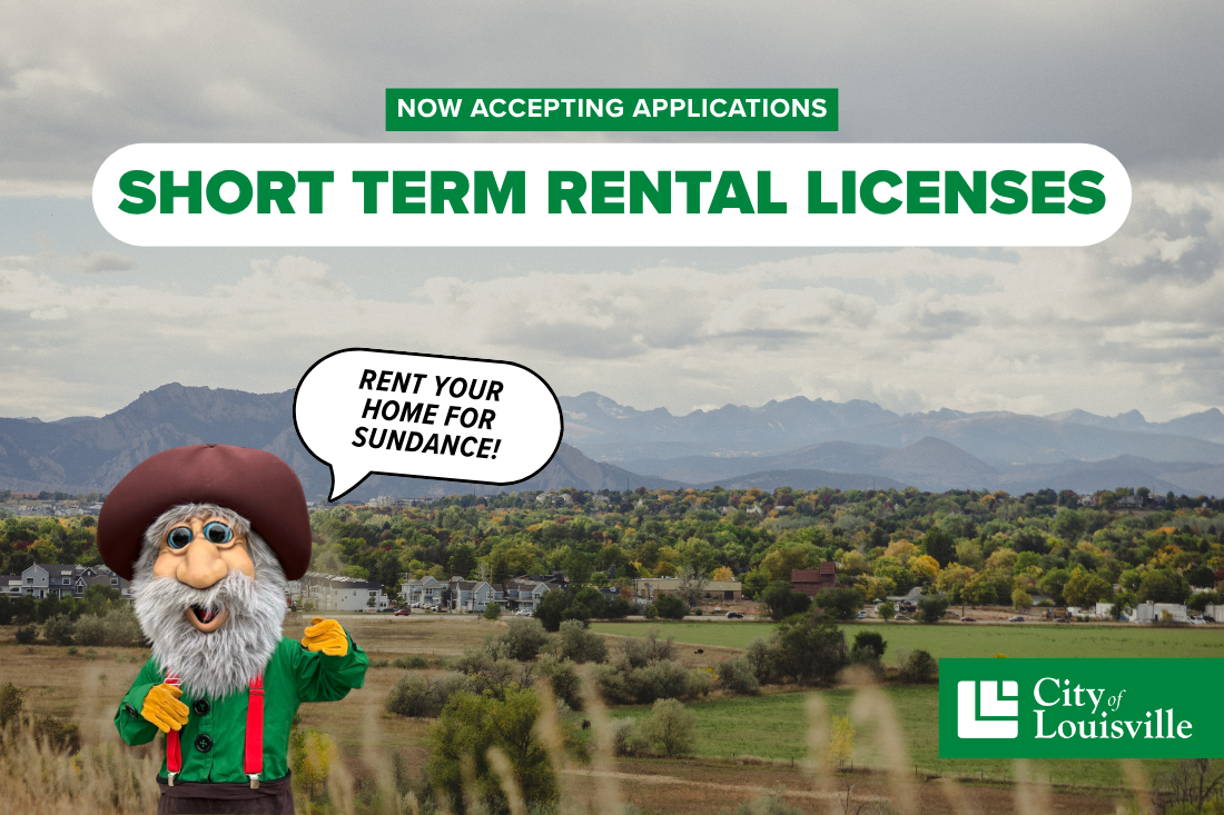 Mario the Miner saying "Rent your home for Sundance!" with a scenic shot of Louisville in the background