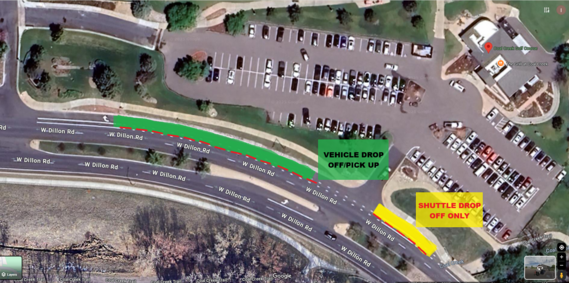 Map depicting designated areas for dropoff and pickup at Coal Creek Golf Course for 4th of July