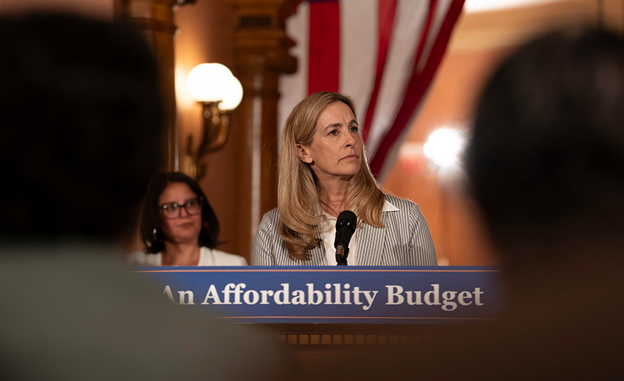 Gov. Mikie Sherrill holds a news conference in the rotunda at the State House in Trenton on June 30, 2026, after the Fiscal Year 2027 budget was passed by the legislature.