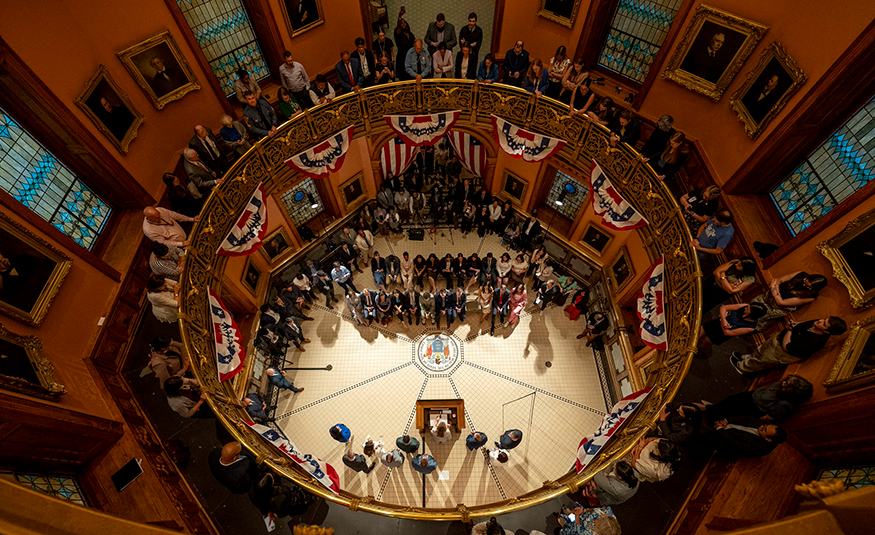 Gov. Mikie Sherrill holds a news conference in the rotunda at the State House in Trenton on June 30, 2026, after the Fiscal Year 2027 budget was passed by the legislature.