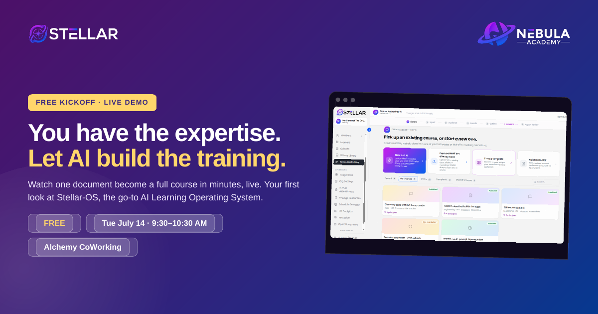 Nebula Academy and Stellar-OS free AI learning workshop, Tuesday July 14, 9:30 to 10:30 AM at Alchemy CoWorking, Charlotte