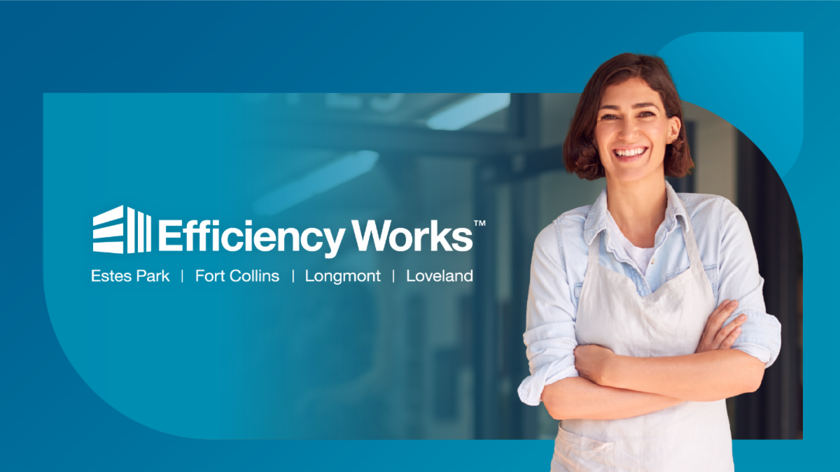 A woman stands in an apron smiling with her arms crossed. The text reads Efficiency Works