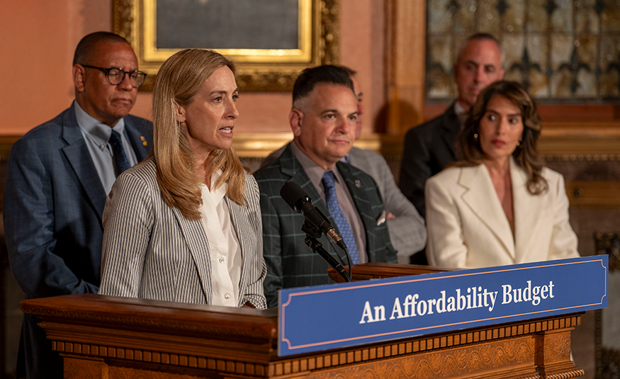 Gov. Mikie Sherrill holds a news conference in the rotunda at the State House in Trenton on June 30, 2026, after the Fiscal Year 2027 budget was passed by the legislature.