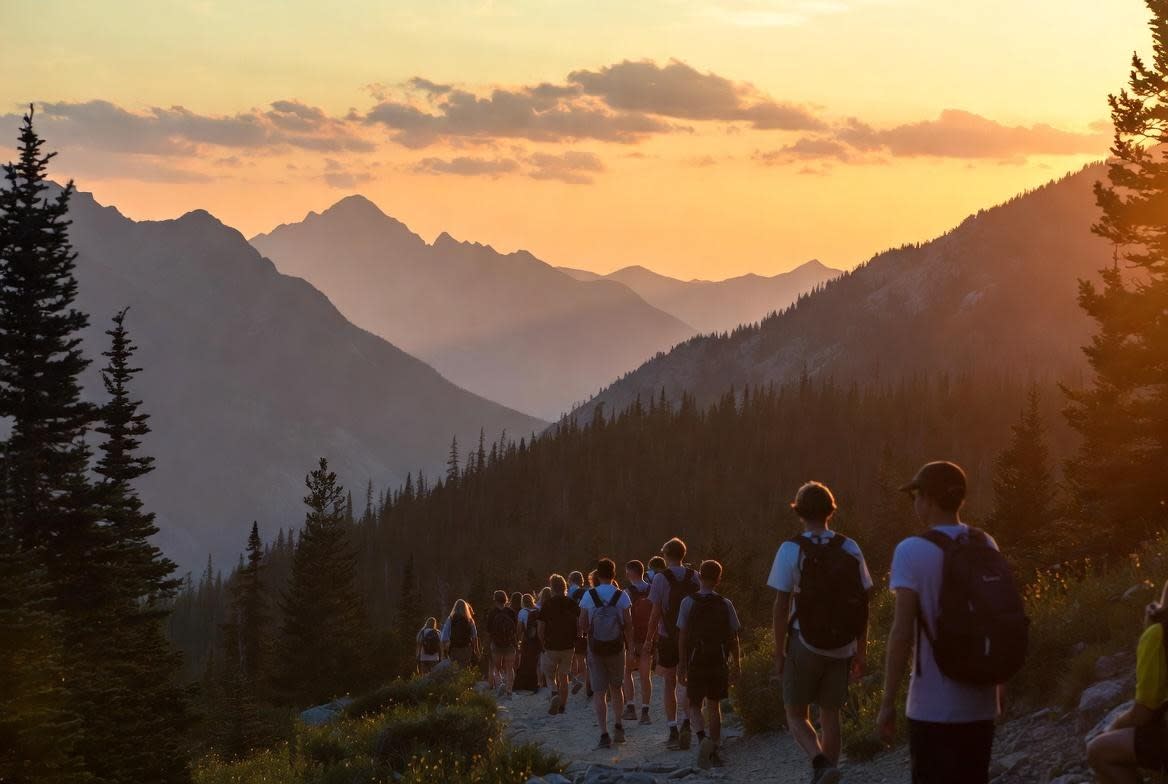 Serene mountain wilderness at sunrise with diverse group of teenagers hiking, symbolizing growth and healing in wilderness therapy
