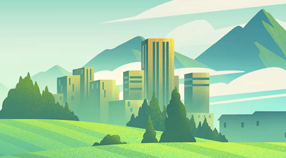 An illustration of commercial buildings with mountains in the background and hills and trees in front.