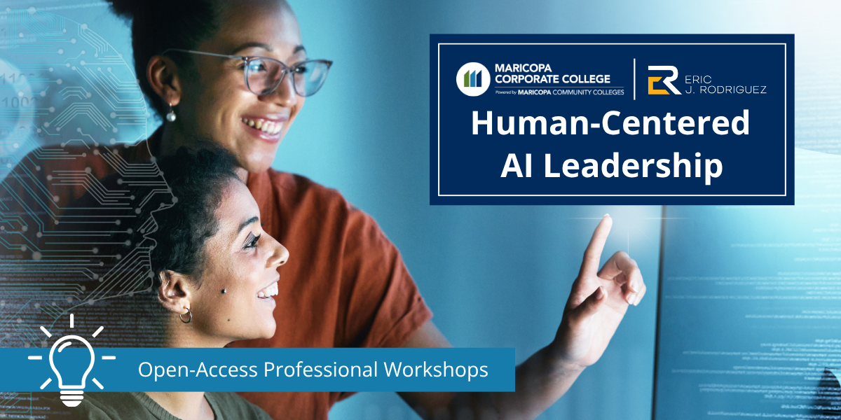 Two people collaborate at a computer screen, one smiling and pointing at a display. Text say "Human-Centered AI Leadership"