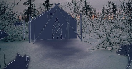 A photo of a winter landscape onto which is drawn a gun-wielding woman in a tent surrounded by a pack of wolves.