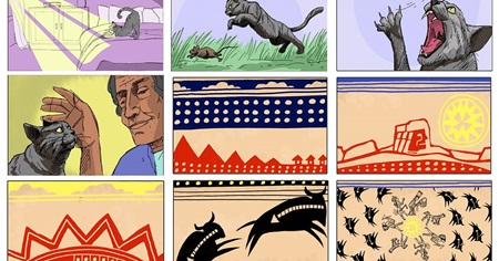 Colourful, nine-panel illustrated storyboard.